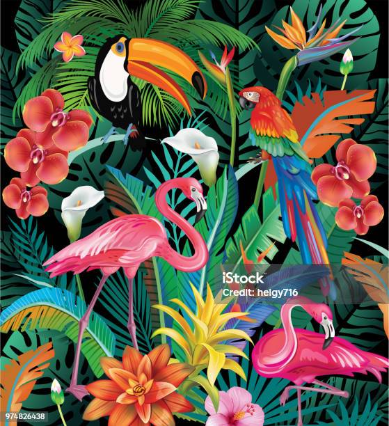 Composition Of Tropical Flowers And Birds Stock Illustration - Download Image Now - Tropical Climate, Toucan, Parrot