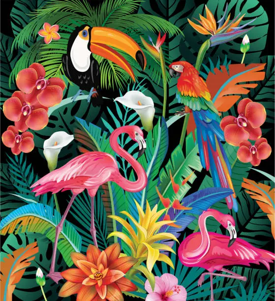 Vector illustration of Composition of Tropical Flowers and Birds