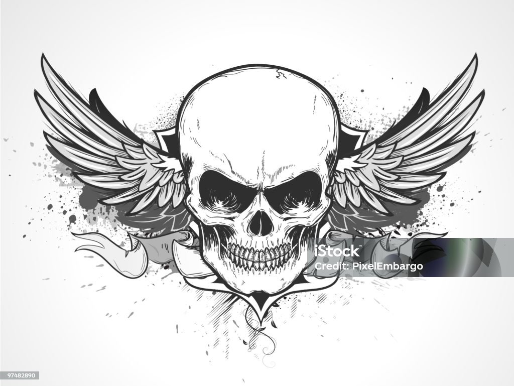 Black and white illustration of a skull Vector illustration of double winged human skull with banner and grunge background Human Skull stock vector