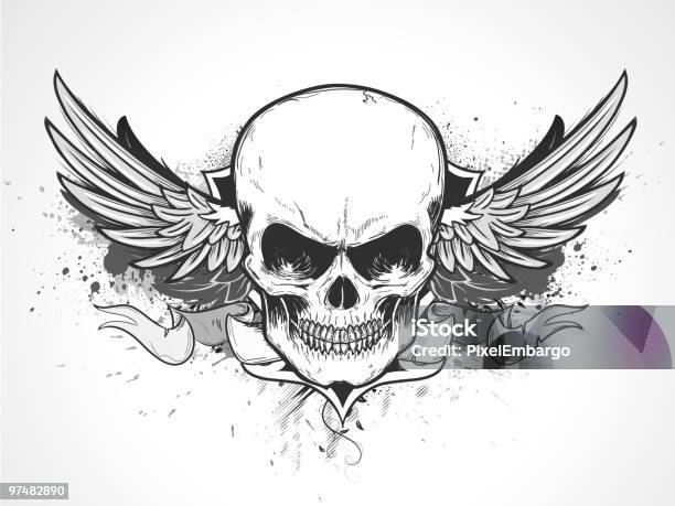 Black And White Illustration Of A Skull Stock Illustration - Download Image Now - Human Skull, Ribbon - Sewing Item, Animal Wing