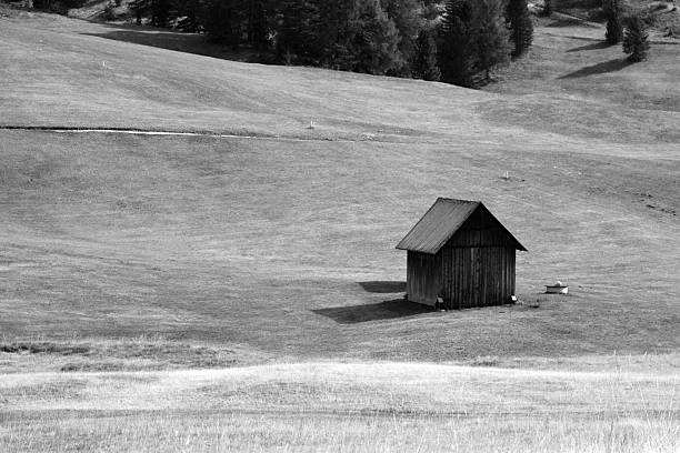 Black and white alpine hut stock photo