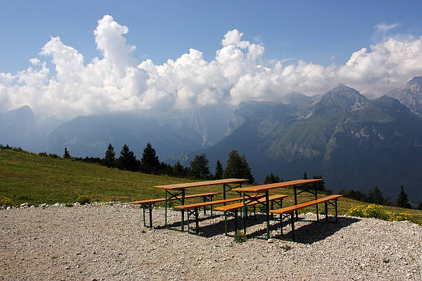 Picnic table stock photo