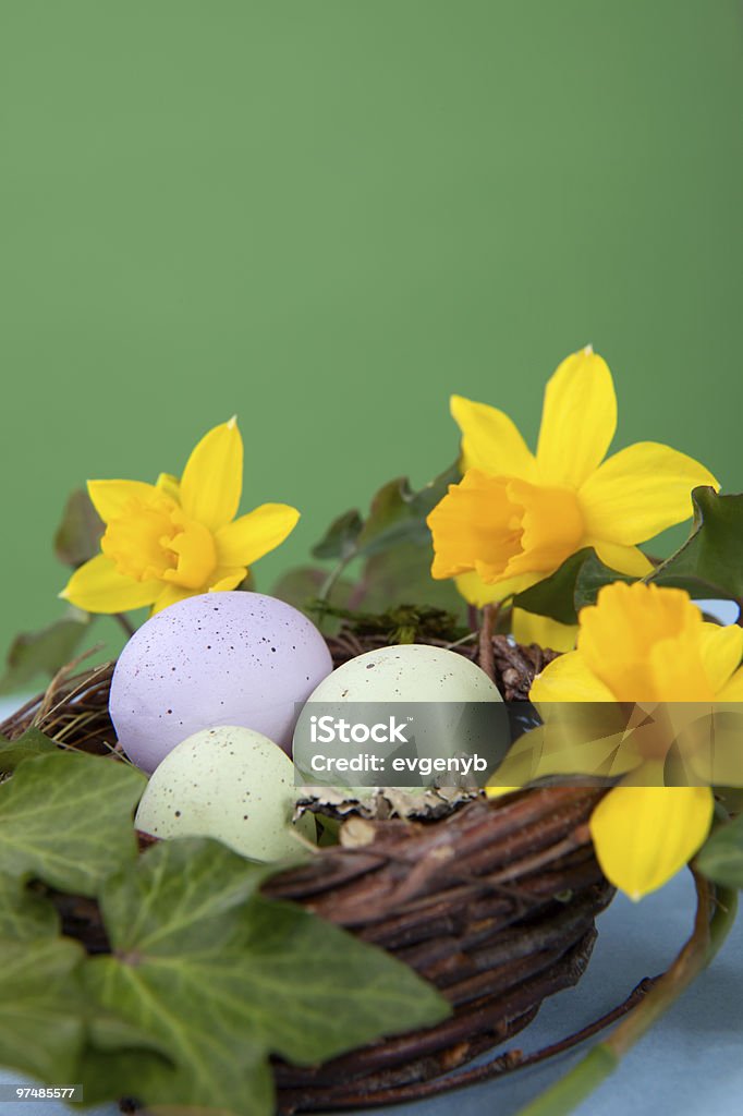 Huevos de Pascua y daffodils - Foto de stock de Amarillo - Color libre de derechos