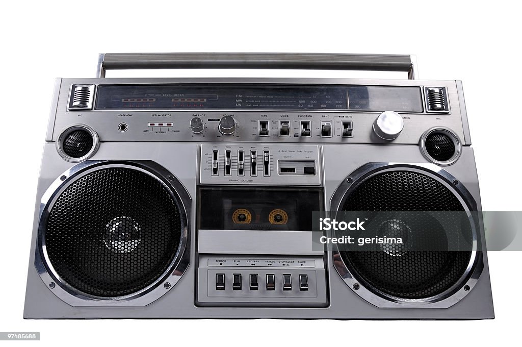 1980 Silver radio boom box isolé sur blanc - Photo de Boom box libre de droits