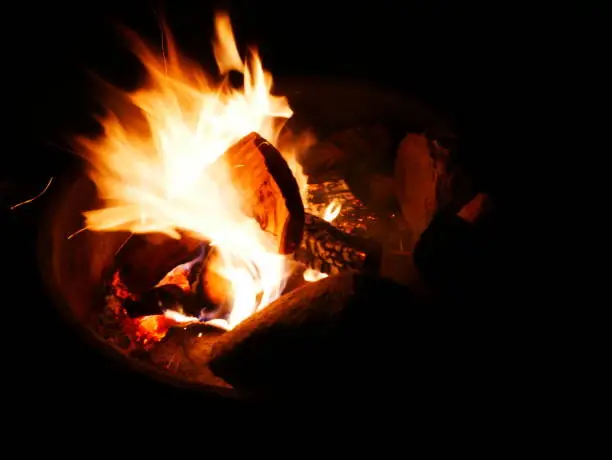 Campfire flames at night in Joshua Tree National Park.