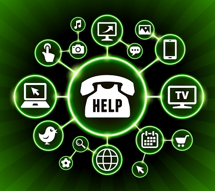 Help Phoneline Internet Communication Technology Dark Buttons Background. The main icon depicted in this 100% royalty free vector illustration is placed inside a black circle with a glowing bright green outline. It is surrounded by a group of smaller circles with technology, internet and media icons in each of the circles. The background is dark and has a green starburst glow effect. The icons are white in color.