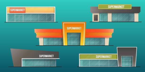 ilustraciones, imágenes clip art, dibujos animados e iconos de stock de conjunto de edificios de supermercado - facade