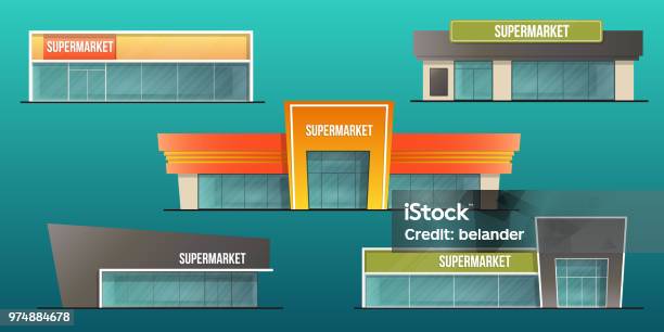 Supermarket Buildings Set Stock Illustration - Download Image Now - Supermarket, Building Exterior, Store