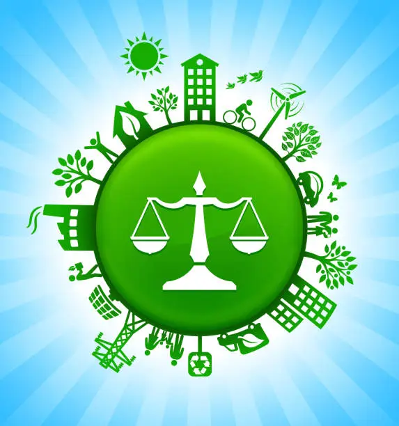 Vector illustration of Justice Balance Environment Green Button Background on Blue Sky