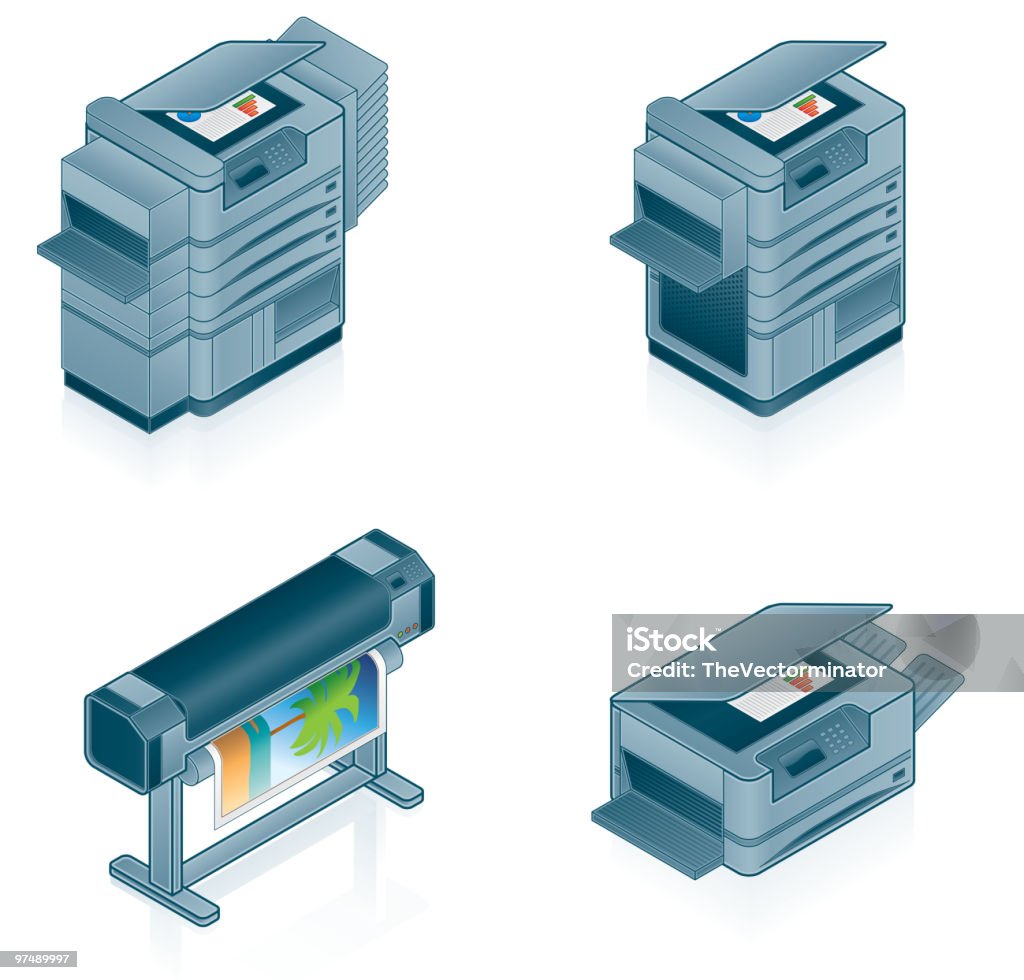 Icon set of different computer printers Those icons are specially designed with a web designing in mind. All icons are designed 1:1 size as it shows above and don't need to be resized to achieve  Computer Printer stock vector