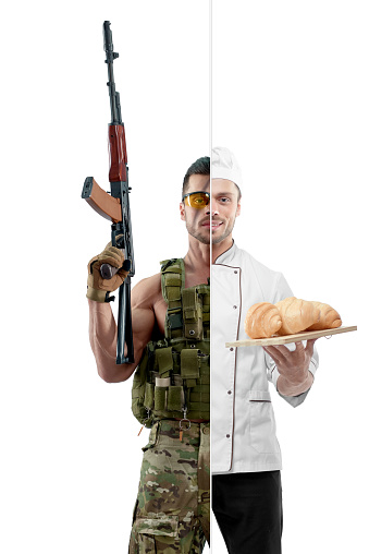 Comparison of chef modern soldier uniform. Chef wearing white chef's tunic, holing porcelian plate with fresh baked croissants. Soldier wearing military uniform, having Kalashnikov automatic machine.