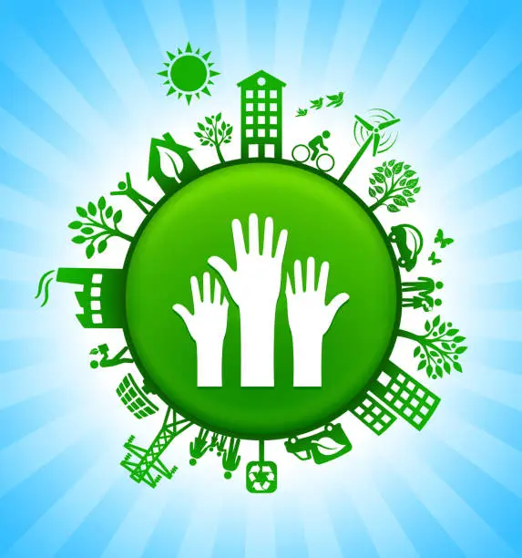 Vector illustration of Raised Hands Environment Green Button Background on Blue Sky