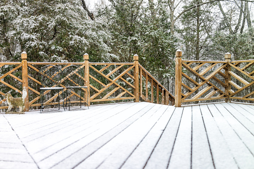 Overnight snow from a winter storm tops a fence line along 159th Street in Surrey, British Columbia. Background shows a forest. Winter morning in Metro Vancouver.