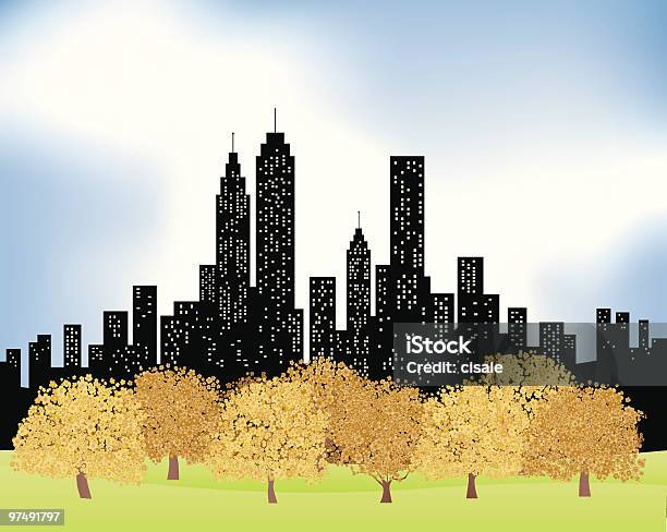 Город И Парк С Деревья В Осень Зима Иллюстрация — стоковая векторная графика и другие изображения на тему Центральный парк - Манхэттен - Центральный парк - Манхэттен, Осень, Городской ландшафт - большой город