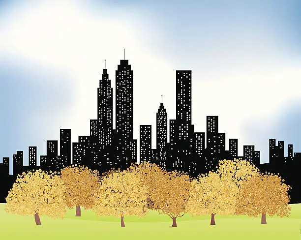 Vector illustration of City Skyline and Park with trees at fall,winter illustration