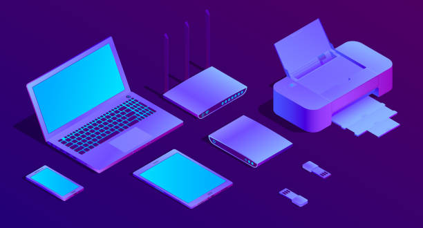 Vector 3d isometric ultraviolet laptop, printer Vector 3d isometric violet laptop, router with wi-fi and office equipment. Ultraviolet computer, flash drivers with printer for networking, typography. Wireless technology, electronic mobile device. computer printer office printout digital display stock illustrations