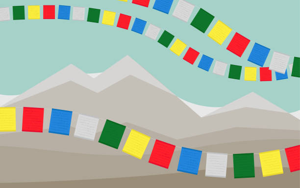 ilustraciones, imágenes clip art, dibujos animados e iconos de stock de las montañas con banderas de oración tibetanas colorido. - tibetan script