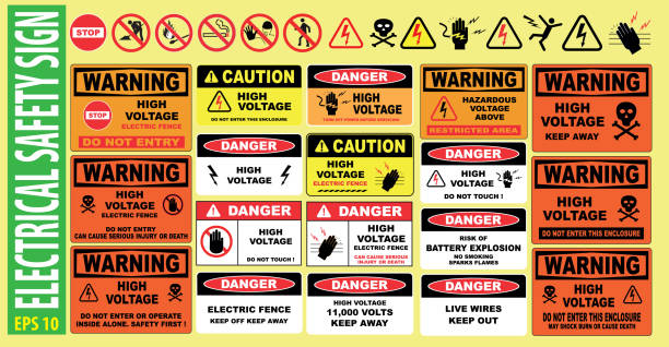 ilustrações, clipart, desenhos animados e ícones de conjunto de sinais de segurança elétrica - (alta tensão, cerca elétrica, não toque, manter longe, perigosa, restrita a área, afastar, fios vivos, não digite, queimadura de choque) - warning symbol danger warning sign electricity