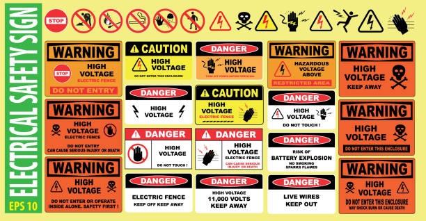 set of electrical safety sign - (высокое напряжение, электрический забор, не трогайте, держитесь подальше, опасные, запретная зона, держаться подальше, жи� - warning symbol stock illustrations