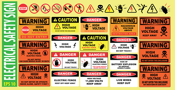 SET OF ELECTRICAL SAFETY SIGN - (high voltage, electric fence, do not touch, keep away, hazardous, restricted area, keep out, live wires, do not enter, shock burn)