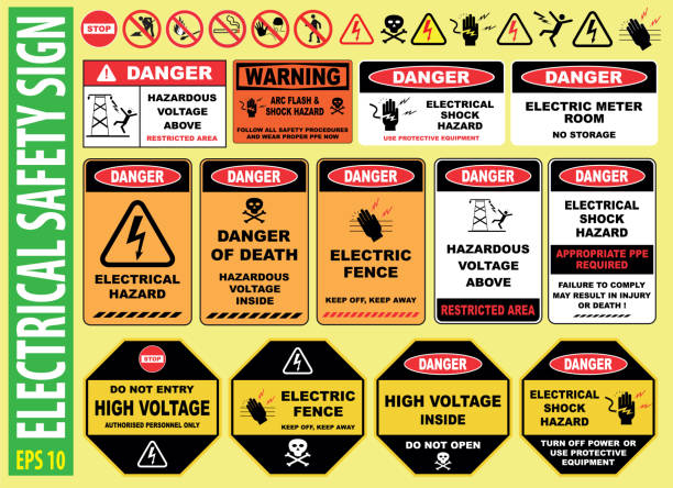 satz von elektrischen sicherheitszeichen - road warning sign stock-grafiken, -clipart, -cartoons und -symbole