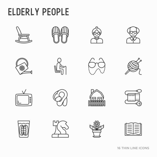 高齢者の細い線のアイコンを設定: 祖母、祖父、メガネ、スリッパ、編み物、ロッキングチェア、補聴器、花。現代ベクトル図 - hearing aid点のイラスト素材／クリップアート素材／マンガ素材／アイコン素材