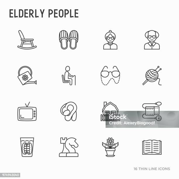 Elderly People Thin Line Icons Set Grandmother Grandfather Glasses Slippers Knitting Rocking Chair Hearing Aid Flowers Modern Vector Illustration Stock Illustration - Download Image Now