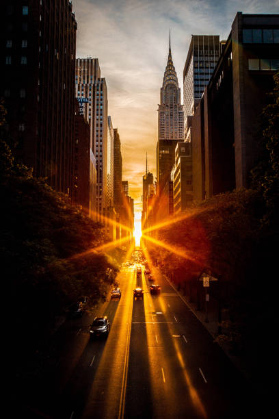 Manhattanhenge in New York City, seen from 42nd street.