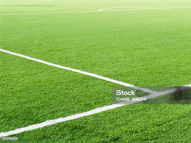 Partial Landscape Of The White Lines On A Green Soccer Field Stock Photo - Download Image Now