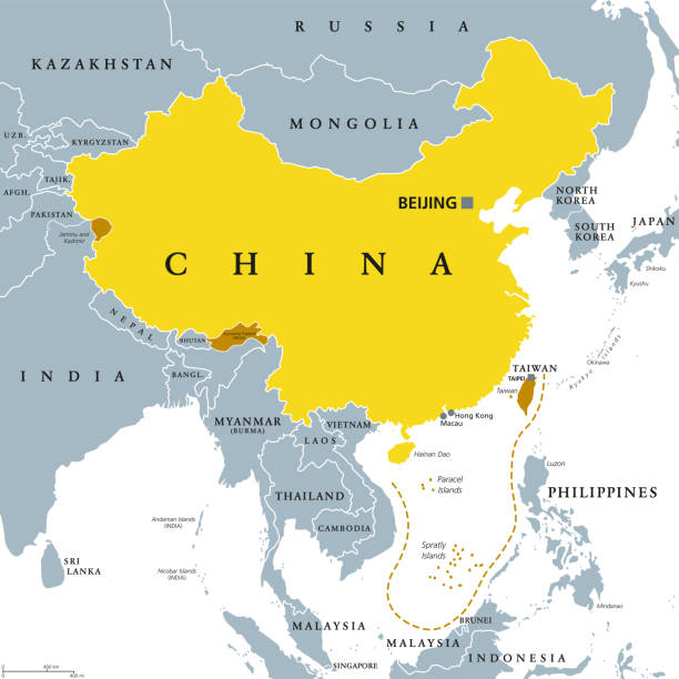 Peoples Republic of China, PRC, gray political map Peoples Republic of China, PRC, gray political map. Area controlled by China in yellow color, and claimed but uncontrolled regions shown in brown. English labeling. Illustration over white. Vector. taiwan stock illustrations