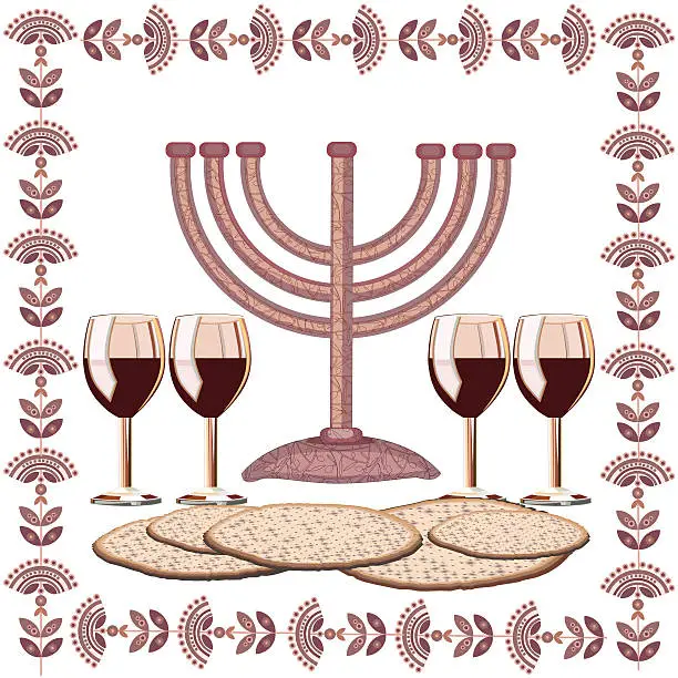 Vector illustration of Passover Illustration With Menorah, Four Glasses Of Wine , Matzoth