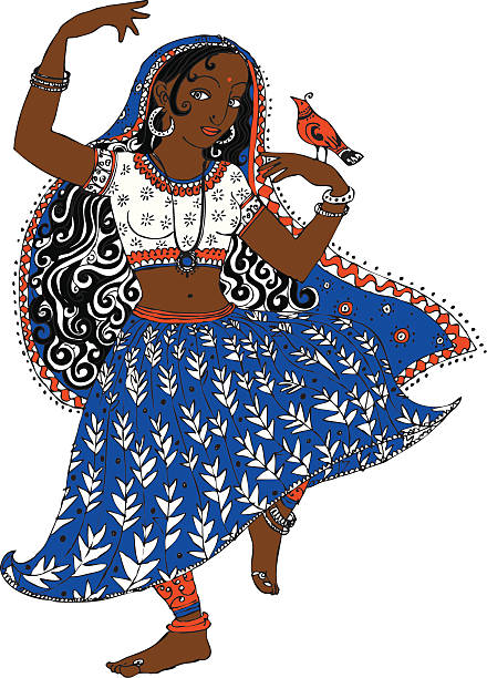 Indian bailarina con aves - ilustración de arte vectorial