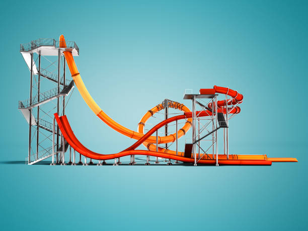 istock Modern two red and orange water slides for water park on the side 3d render on blue background with shadow 974990378