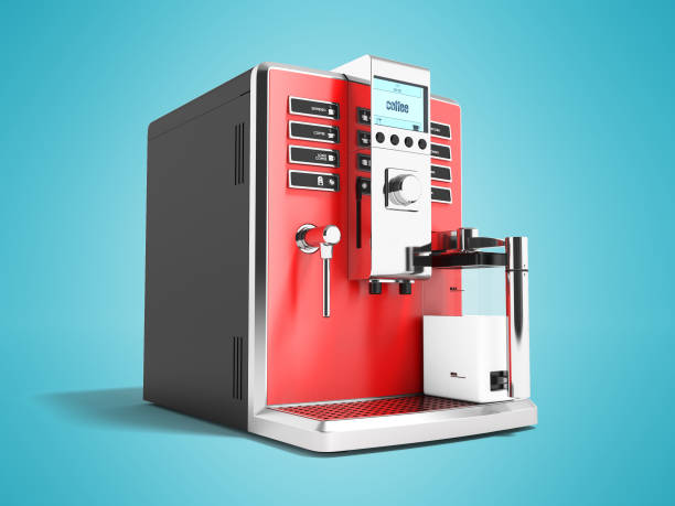 istock Modern red coffee machine for two mugs for coffee and cappuccino 3d render on blue background with shadow 974990684