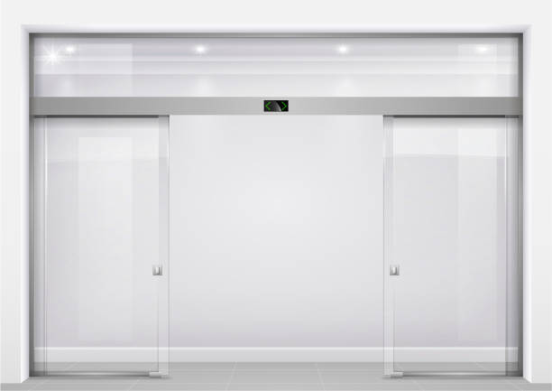 Automatic glass doors Double sliding glass doors with automatic motion sensor. Entrance to the office, train station, supermarket. sliding door stock illustrations