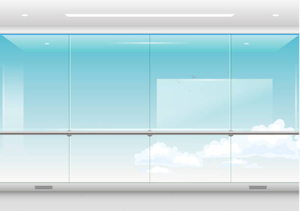 View from the skyscraper View from a skyscraper or waiting room of the airport, station. Modern windows and facades. Vector graphics with transparency airport backgrounds stock illustrations