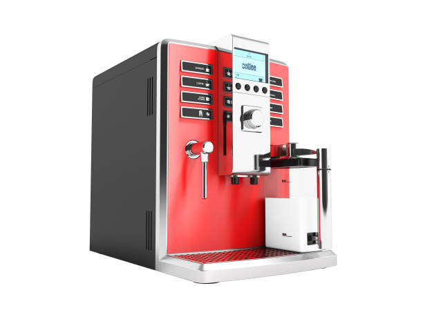 istock Modern red coffee machine for two mugs for coffee and cappuccino 3d render on white background no shadow 975026450