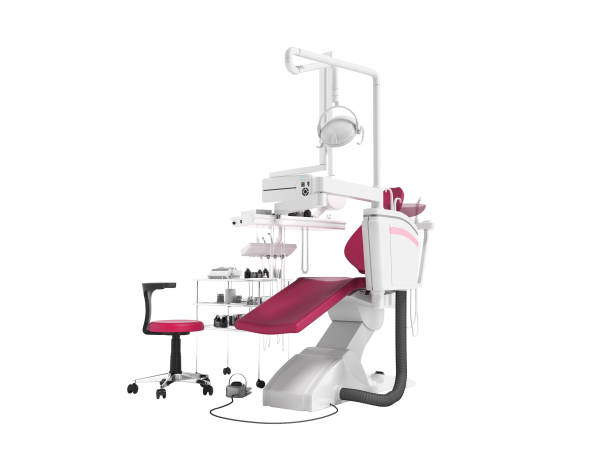 istock Modern red leather chair for dental office with dentistry tool in front 3d render on white background no shadow 975026612