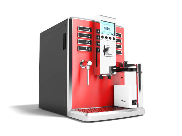 istock Modern red coffee machine for two mugs for coffee and cappuccino 3d render on white background with shadow 975026618