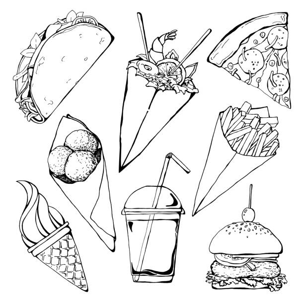 ilustraciones, imágenes clip art, dibujos animados e iconos de stock de conjunto de comida rápida diferente. ilustración de vector de estilo sketch. - croquetas
