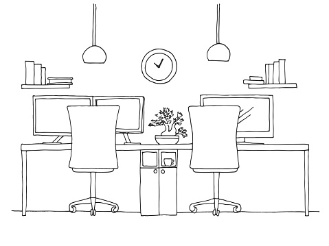 Open Space office. Workplaces outdoors. Tables, chairs. Vector illustration in a sketch style.