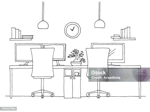 Open Space Office Workplaces Outdoors Tables Chairs Vector Illustration In A Sketch Style Stock Illustration - Download Image Now