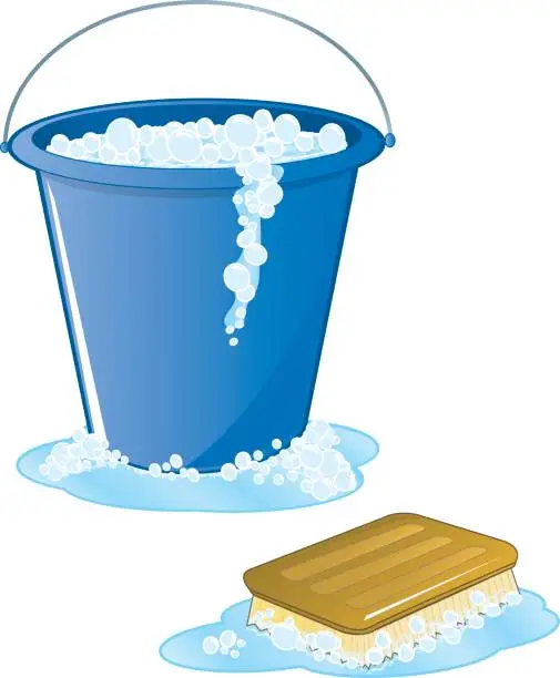 Vector illustration of Soapy scrub brush and bucket