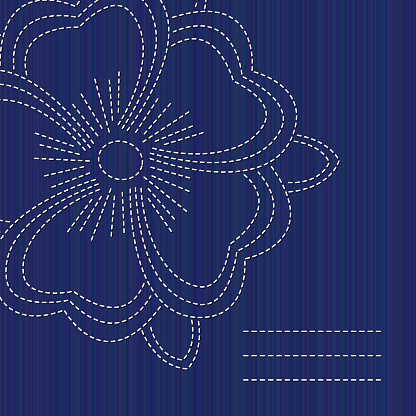 Sashiko banner with blooming sakura flower and copy space. Text frame. Abstract seamless texture. Indigo color. Classic japanese quilling. Needlework texture. For handiwork, banner or postcard decor.