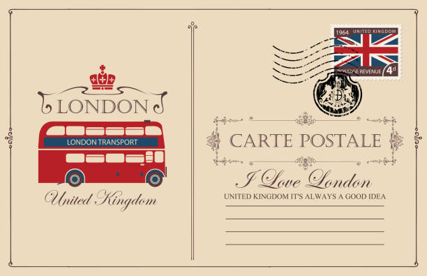 illustrations, cliparts, dessins animés et icônes de vintage carte postale avec les double decker londres - british flag flag old fashioned retro revival