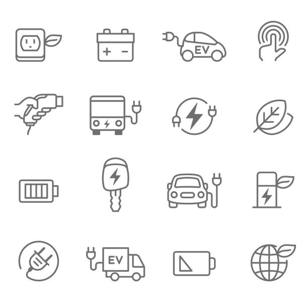 Electric Car Icons - Illustration Electric Car, Car, Electric Vehicle, Charging electric car stock illustrations