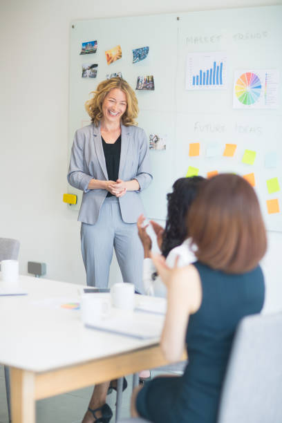 istock Women clapping after successful presentation by colleague 975053764