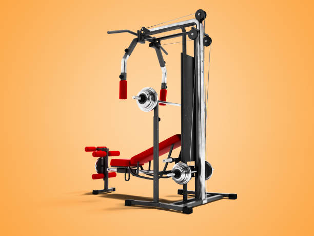 istock Modern red sports simulator with black inserts for power load of legs and hands 3d render on orange background with shadow 975054410