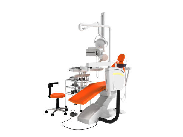 istock Modern orange chair for dentist with white bedside table with tools and backlight for dental work 3D rendering on white background no shadow 975054554