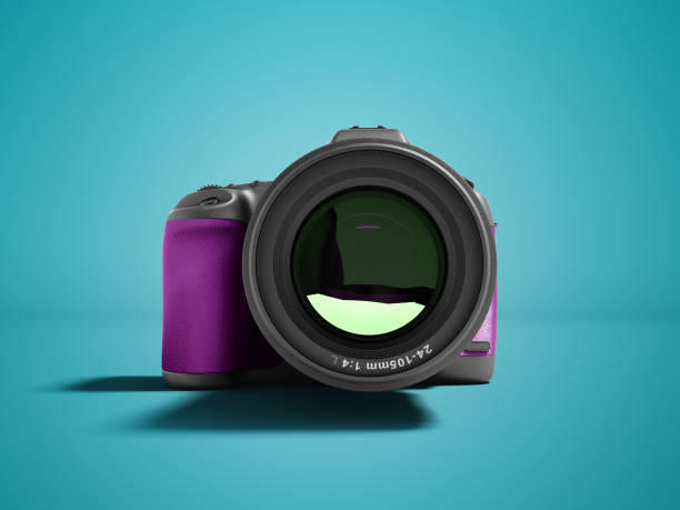 istock Modern purple professional camera for nature photography front 3d rendering not blue background with shadow 975054582